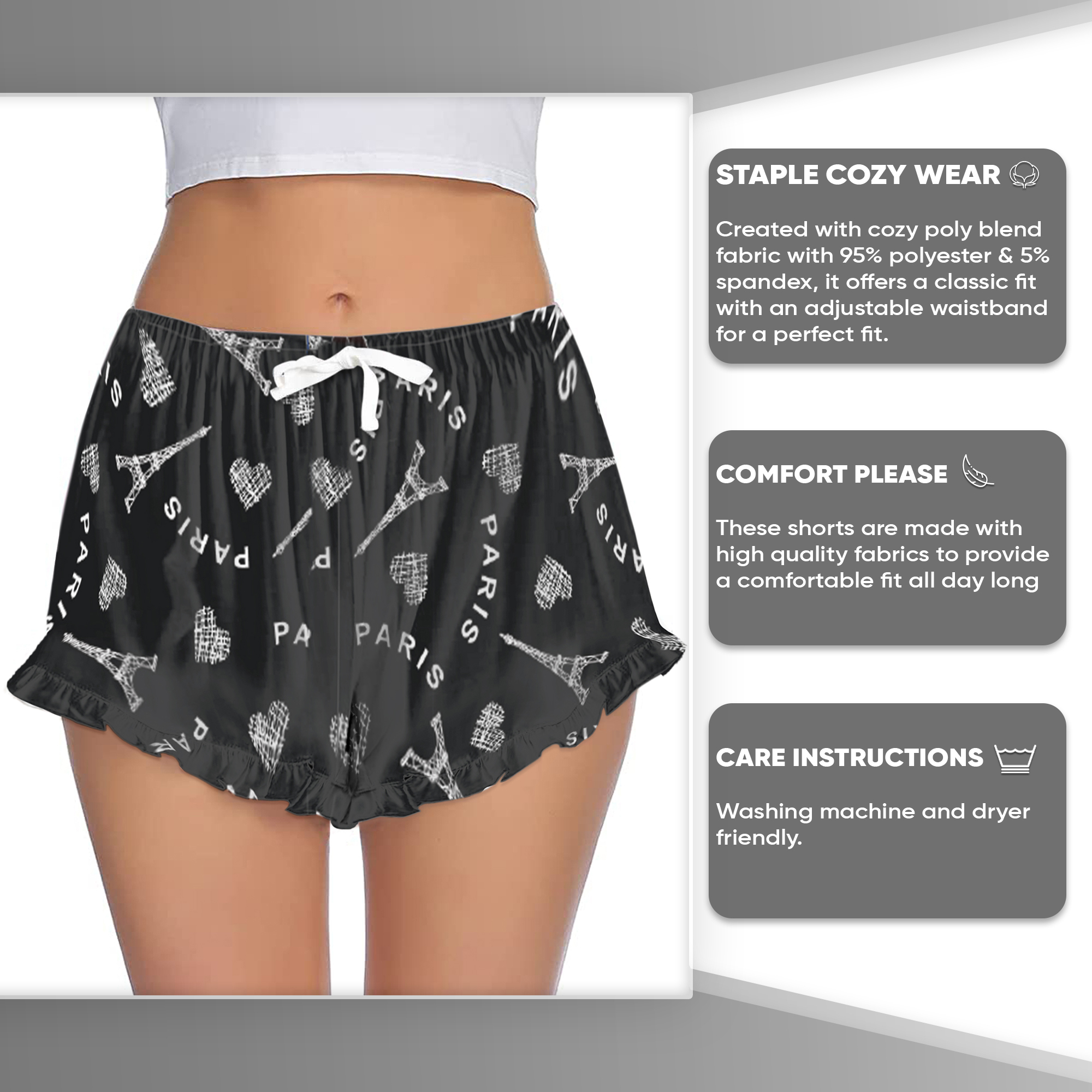 5-Pack: Women's Soft Comfy Printed Lounge Sleep Pajama Short - Ruffled Hem, Medium