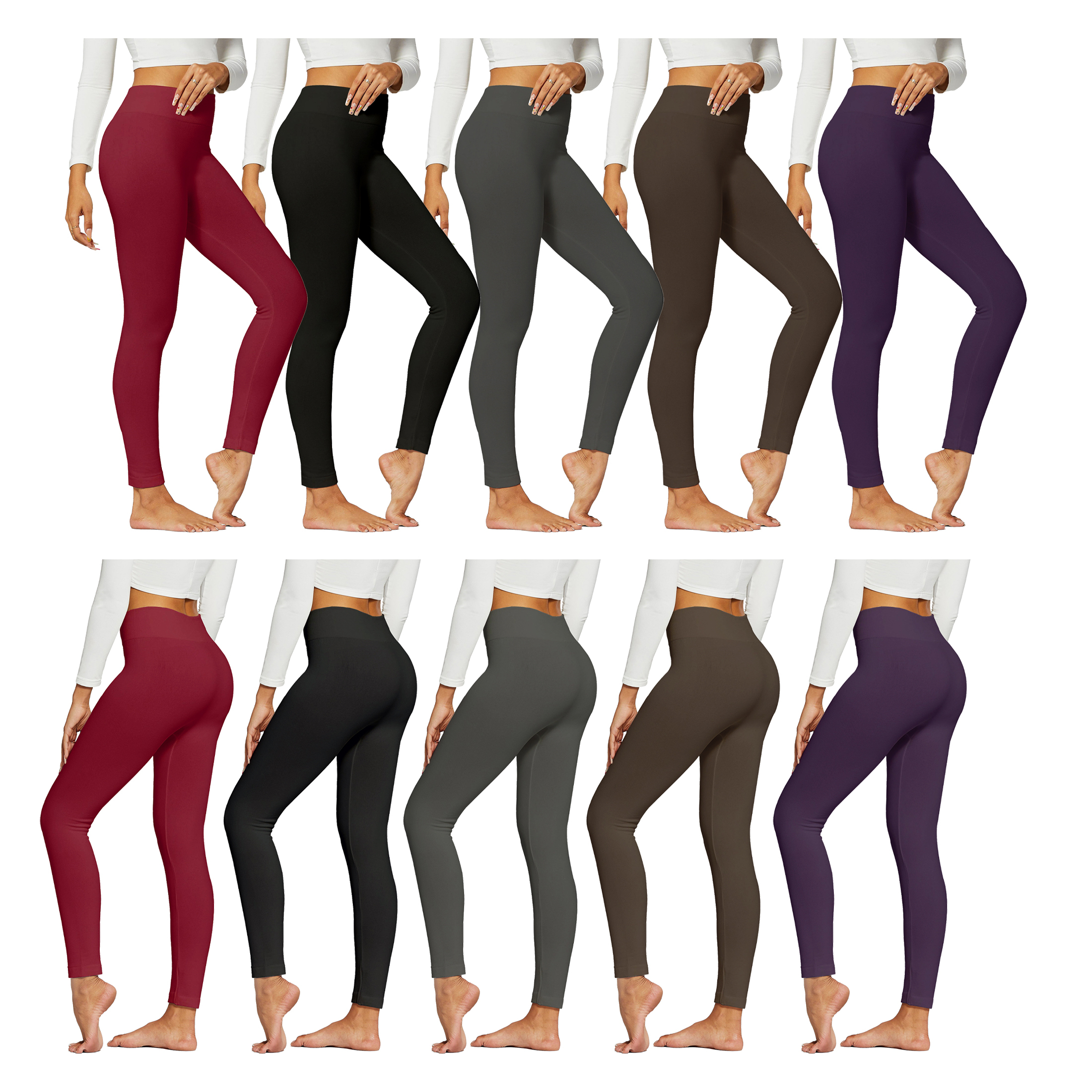 3-Pack:Women's Premium Quality High-Waist Fleece-Lined Leggings (Plus Size Available) - Black, Grey & Brown, Large/X-Large