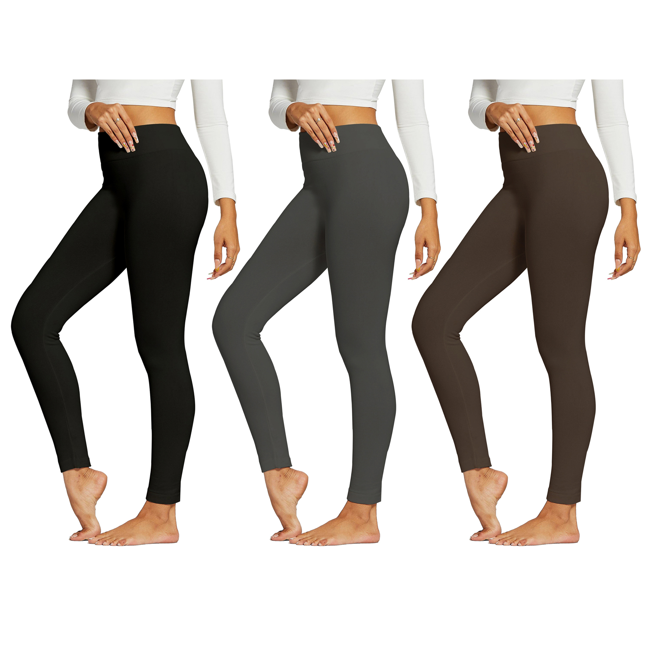 3-Pack:Women's Premium Quality High-Waist Fleece-Lined Leggings (Plus Size Available) - Black, Grey & Brown, Large/X-Large