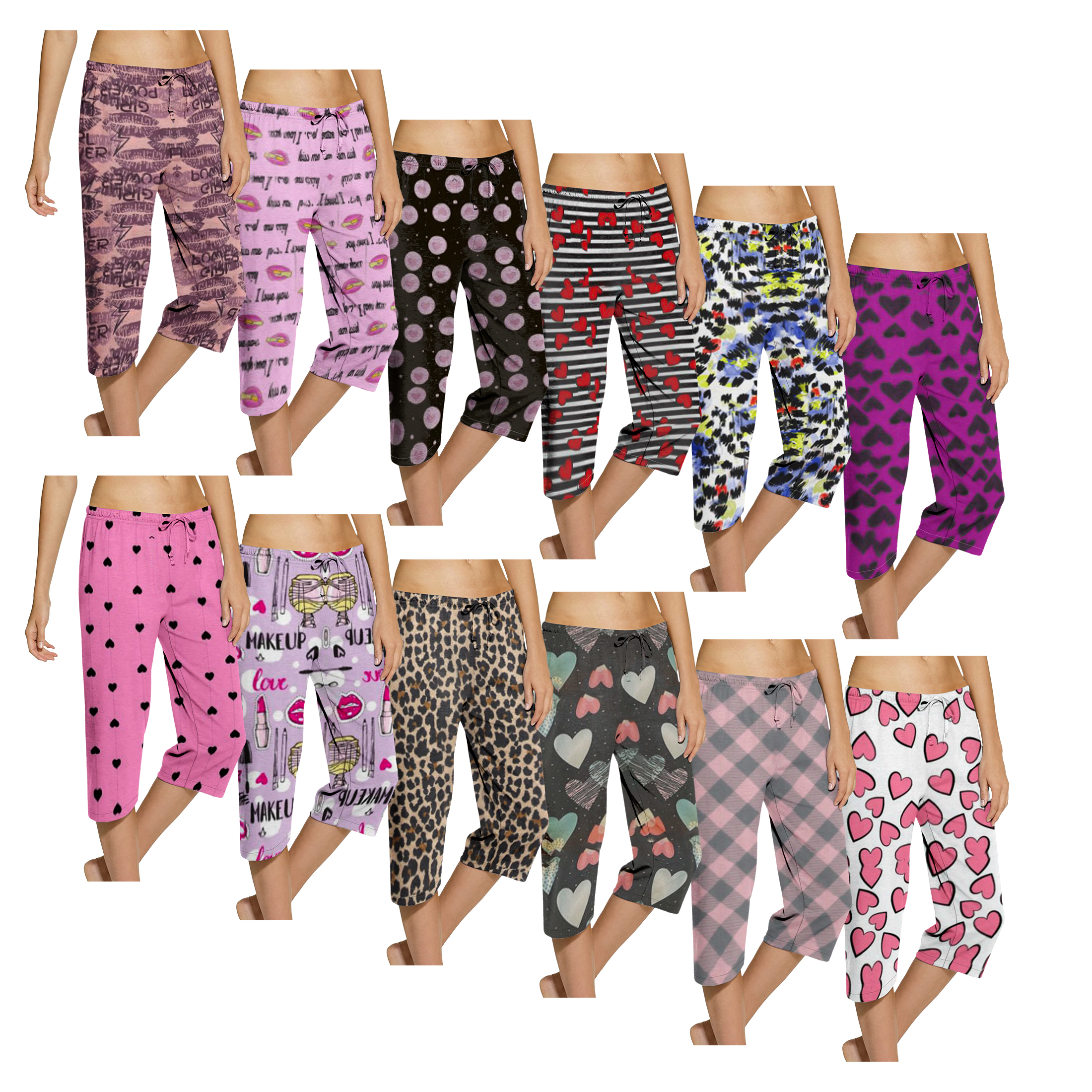 3-Pack: Ladies Printed Pajama Bottoms Capri Pants Sleepwear With Drawstring - Medium