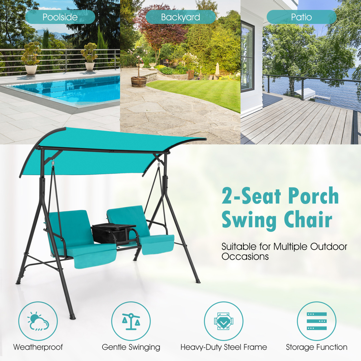 2-Person Canopy Porch Swing Padded Chair Cooler Bag Rotatable Tray - Turquoise