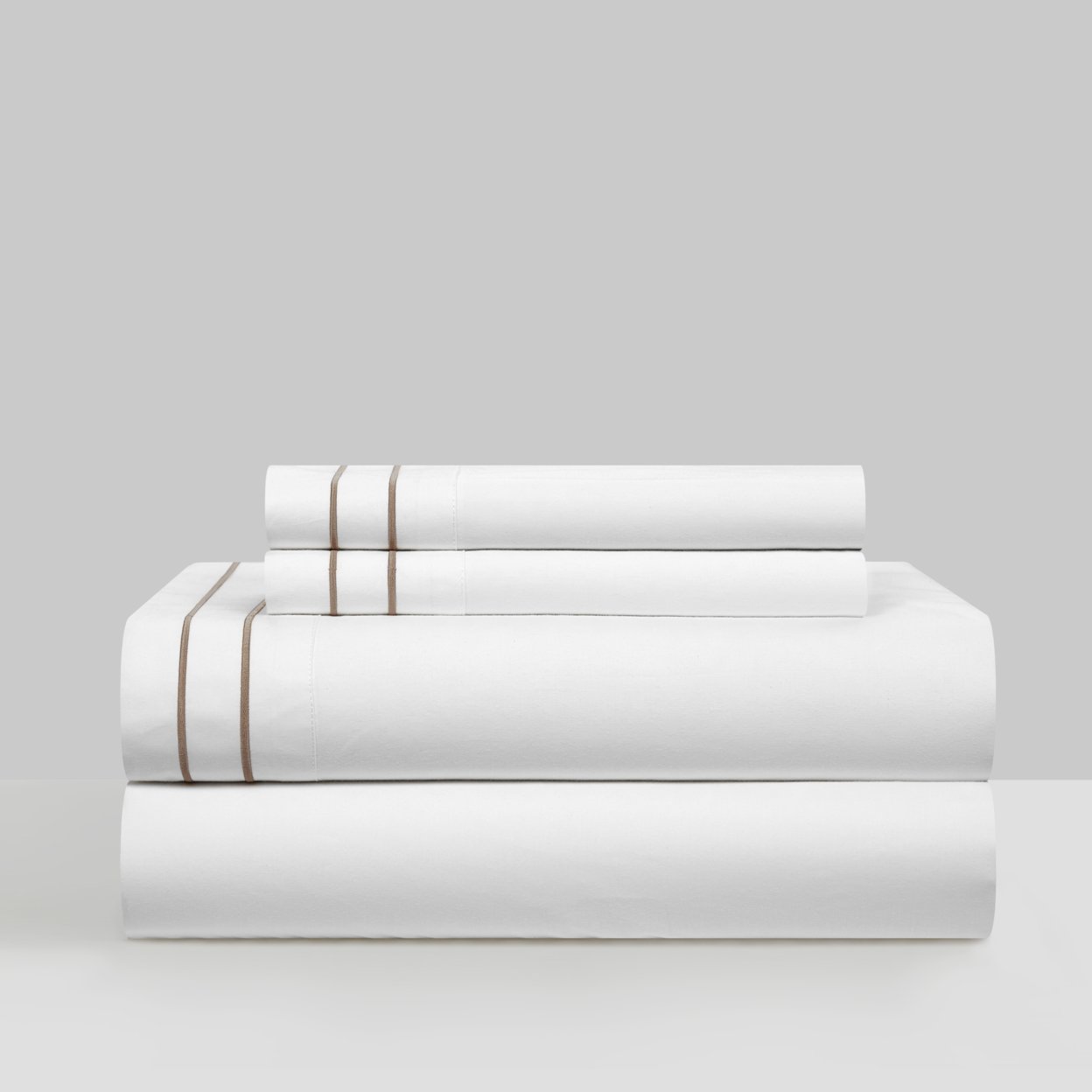 Balensia 4 Piece Organic Cotton Sheet Set Solid White With Dual Stripe Embroidery - Beige, King