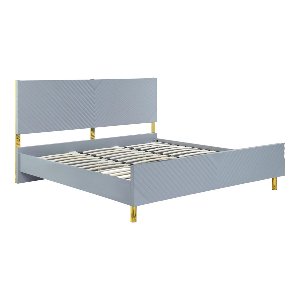 Tyra Modern King Bed, Panel Headboard, Luxury Textured Chevron, Gray, Gold- Saltoro Sherpi
