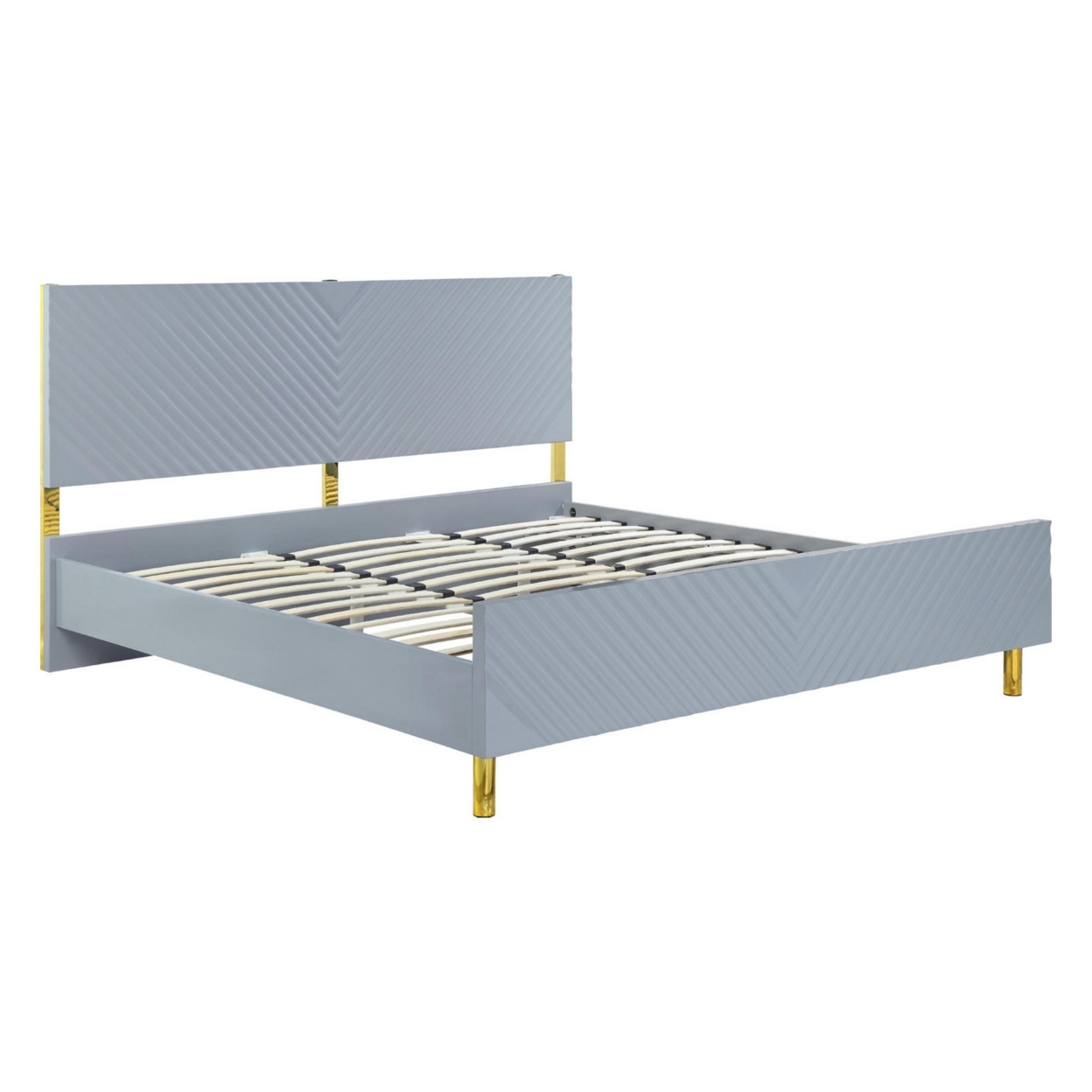 Tyra Modern Queen Bed, Panel Headboard, Textured Chevron, Slate Gray, Gold- Saltoro Sherpi