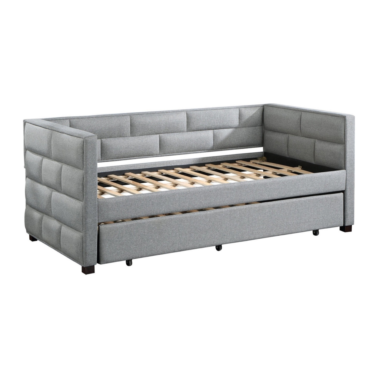 Classic Wood Daybed With Trundle, Upholstered, Brick Style Tufting, Gray- Saltoro Sherpi