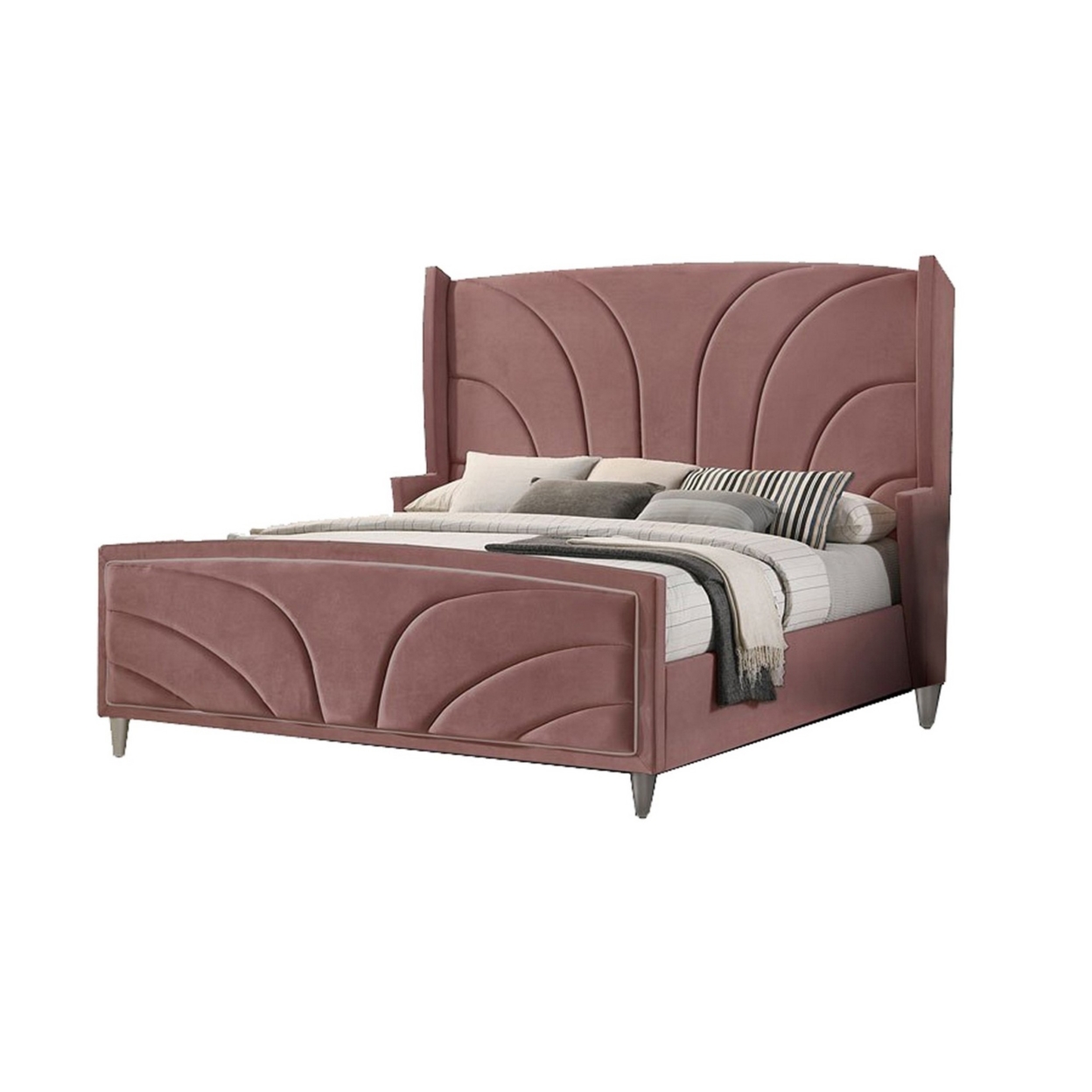 Kerith Modern Wood Queen Size Bed, Wingback Frame, Pink Velvet, Chrome Legs- Saltoro Sherpi