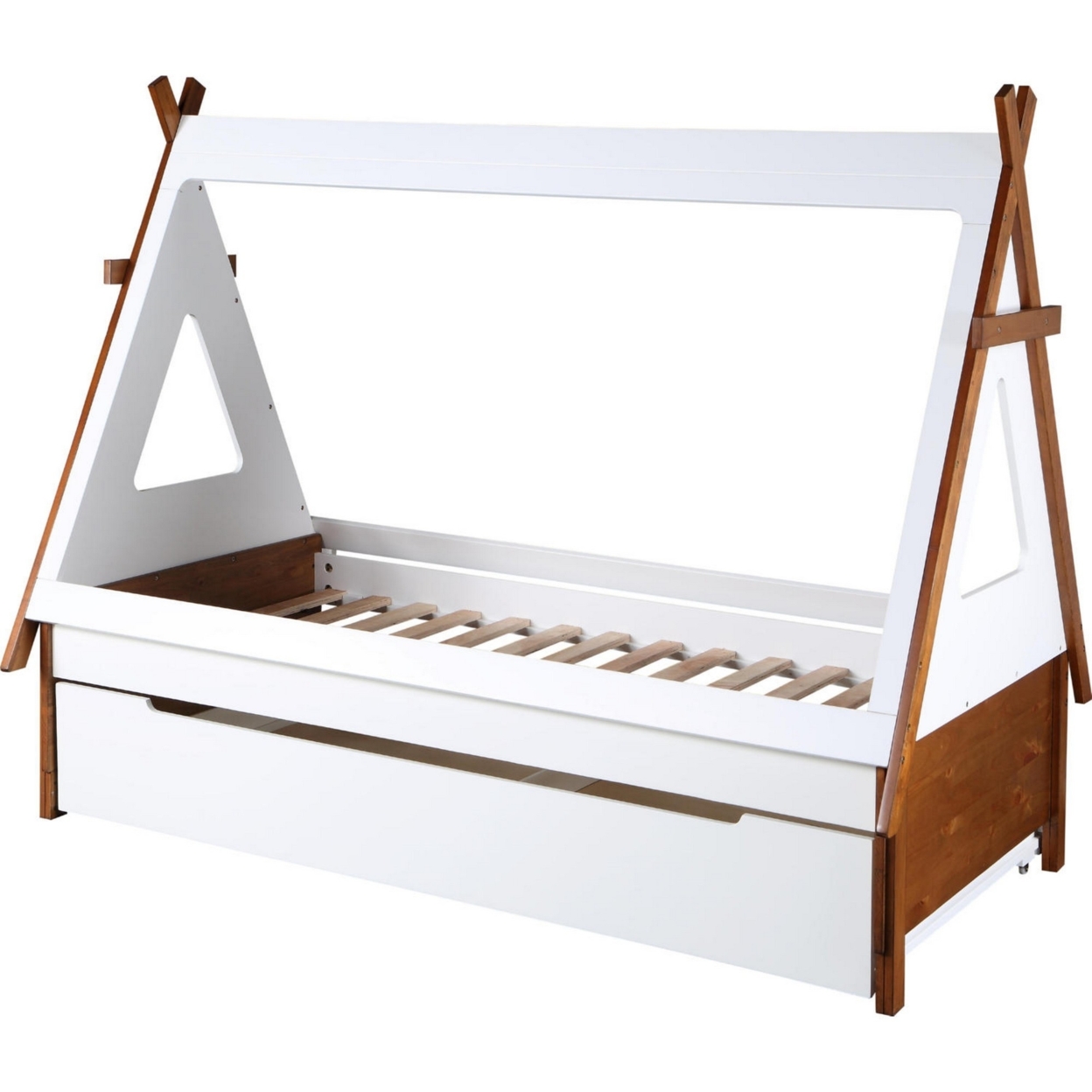Modern Wood Twin Bed, House Shaped Bed Frame, Slat System, Brown, White- Saltoro Sherpi