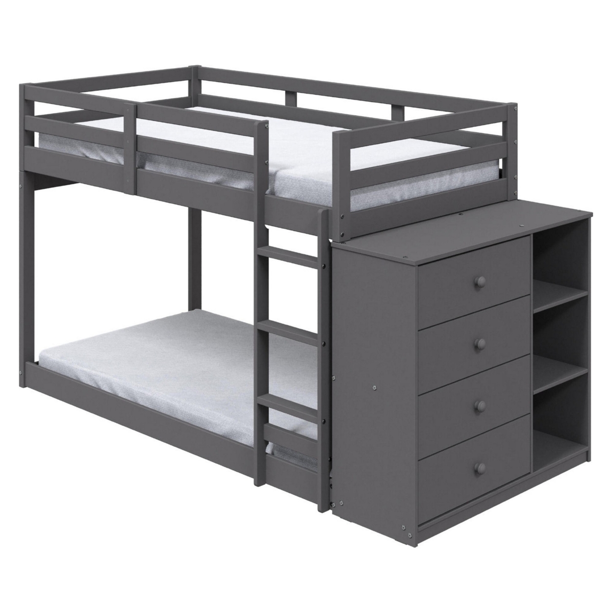 Classic Twin Bunk Bed With Cabinet, 4 Drawers, 3 Compartments, Ladder, Gray- Saltoro Sherpi