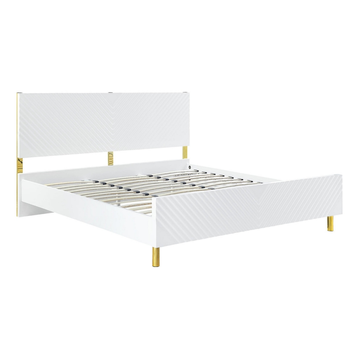 Tyra Modern Wood King Bed, Panel Headboard, Textured Chevron, White, Gold- Saltoro Sherpi
