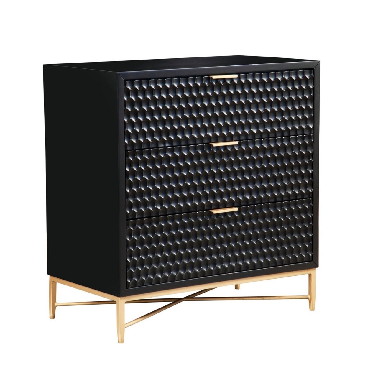 Rexi 34 Inch 3 Drawer Small Dresser Chest, Honeycomb Panels, Black, Gold- Saltoro Sherpi