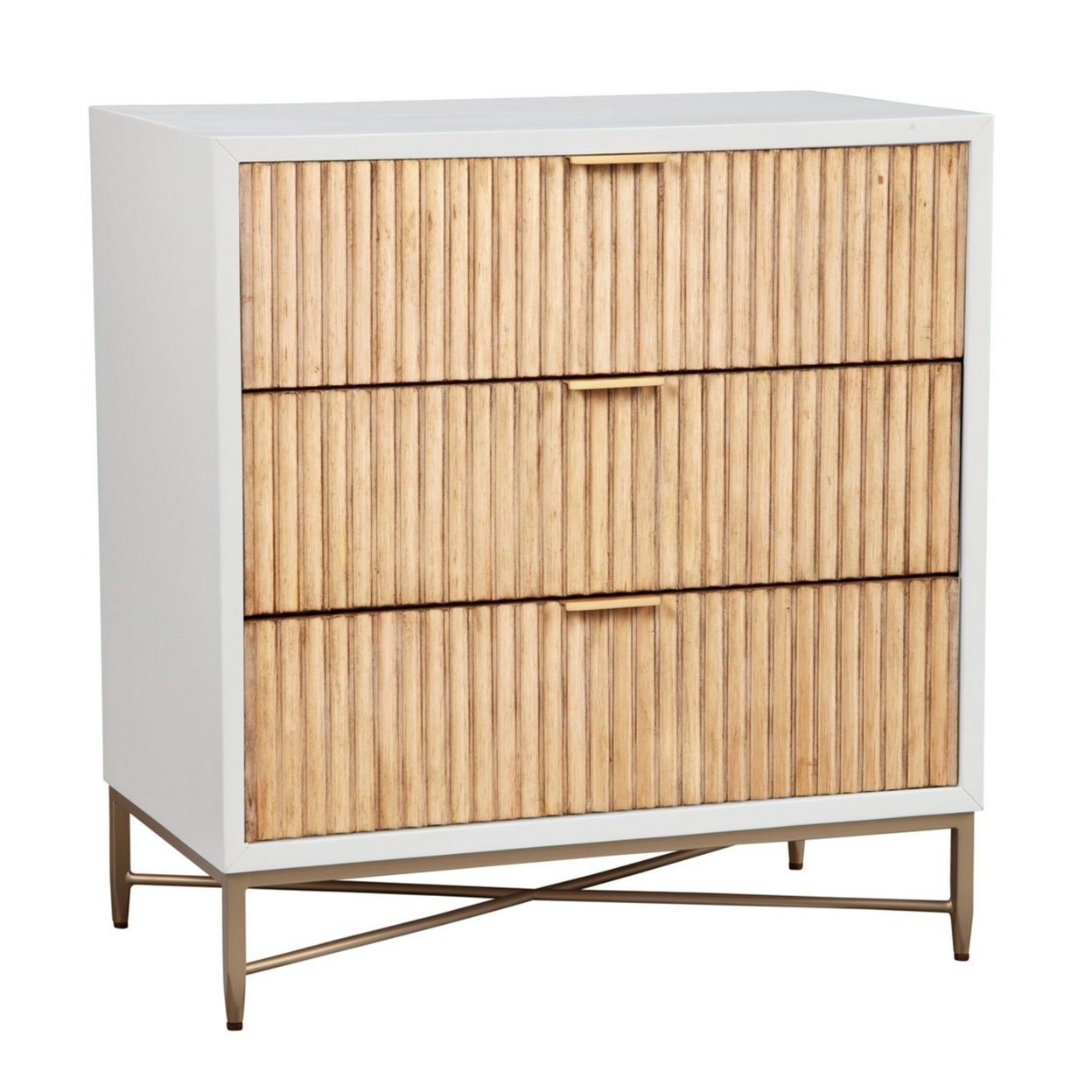 Eli 34 Inch 3 Drawer Small Dresser Nightstand, Corrugated Panels, White, Gold- Saltoro Sherpi