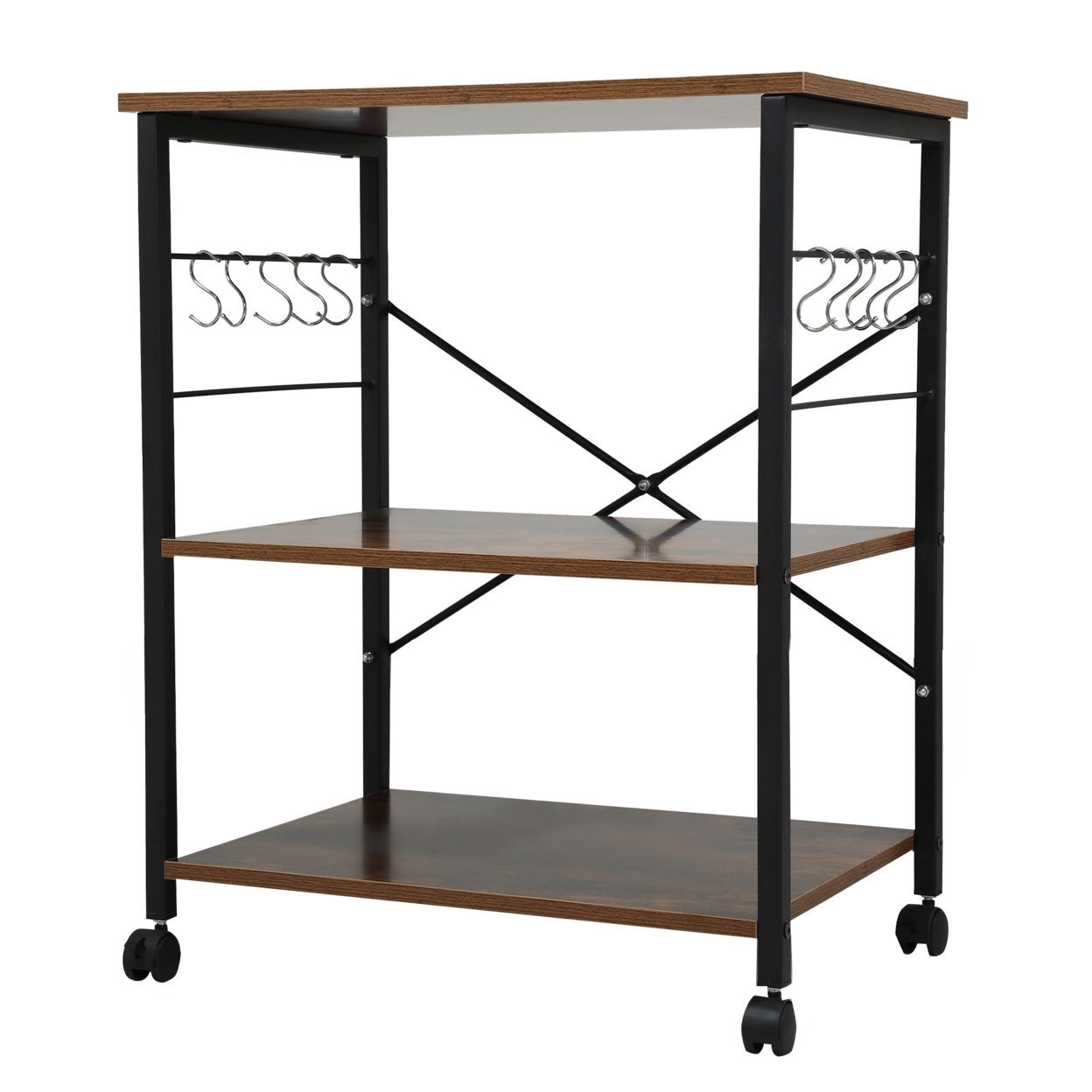 Simple Wood Kitchen Cart with 3-Tier Storage Space, Movable Microwave Stand with 10 Hooks - Brown and Frosted Black
