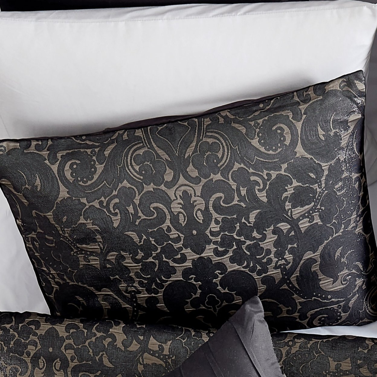 Pixie 9 Piece Polyester Queen Comforter Set, Damask Pattern, Charcoal Gray- Saltoro Sherpi