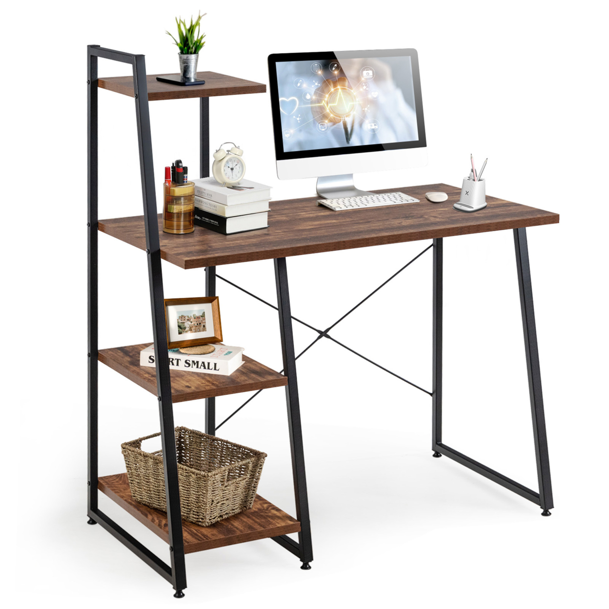 Computer Study Desk Writing Table Workstation W/ 4-Tier Storage Shelves - Brown