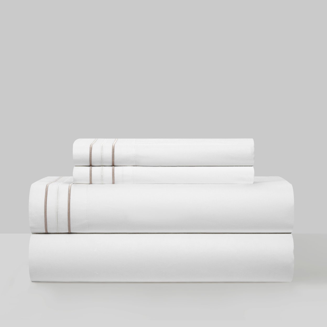4 Piece Freeya Organic Cotton Sheet Set Solid White With Dual Stripe Embroidery - Grey, Queen