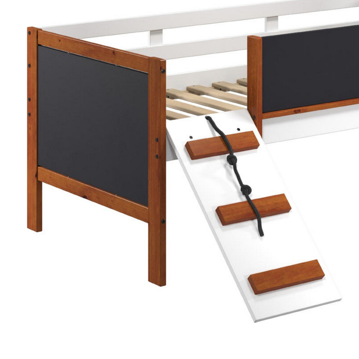 Classic Wood Twin Loft Bed With Slide, Blackboard On Rails, Brown, White- Saltoro Sherpi