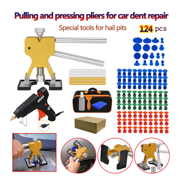 124pcs Auto Dent Puller Kit, Adjustable Width Dent Remover Tools Golden Lifter & Glue Gun for Automobile Body Motorcycle Refrigerator