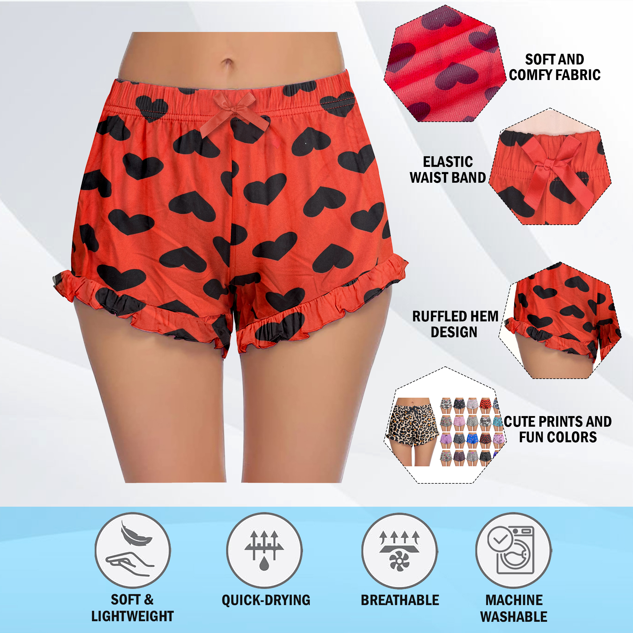 3-Pack: Women's Soft Printed Pajama Shorts With Ruffled Hem For Sleepwear - L