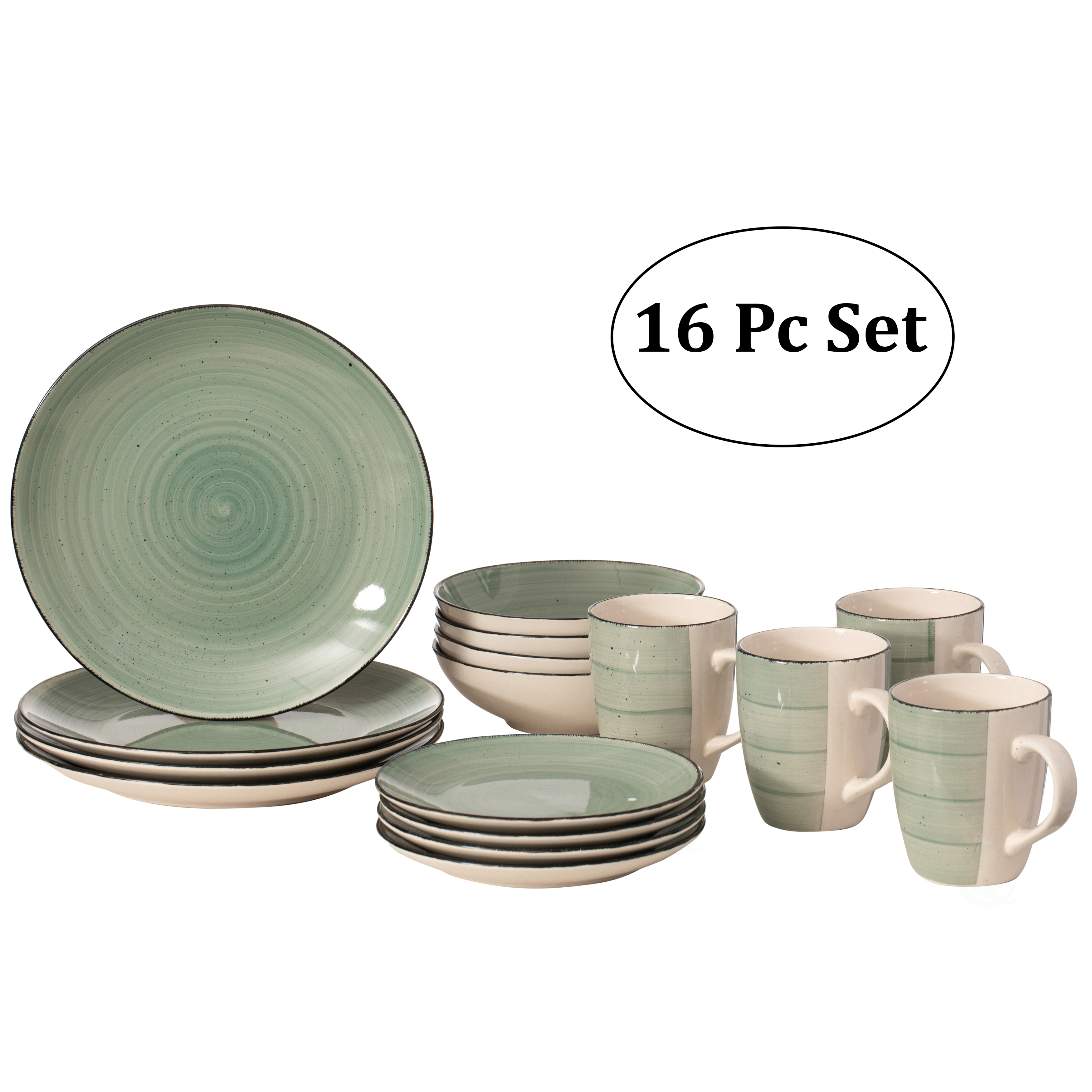16 PC Spin Wash Dinnerware Dish Set for 4 Person Mugs, Salad and Dinner Plates and Bowls Sets, Dishwasher and Microwave Safe - Green