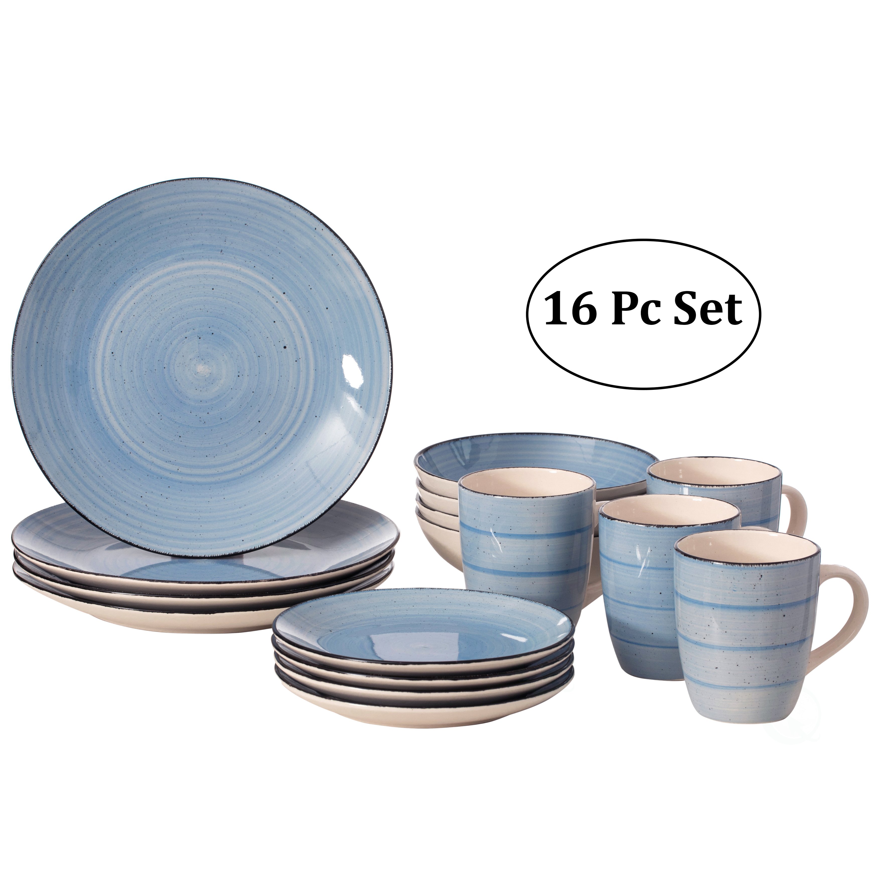 16 PC Spin Wash Dinnerware Dish Set for 4 Person Mugs, Salad and Dinner Plates and Bowls Sets, Dishwasher and Microwave Safe - Blue