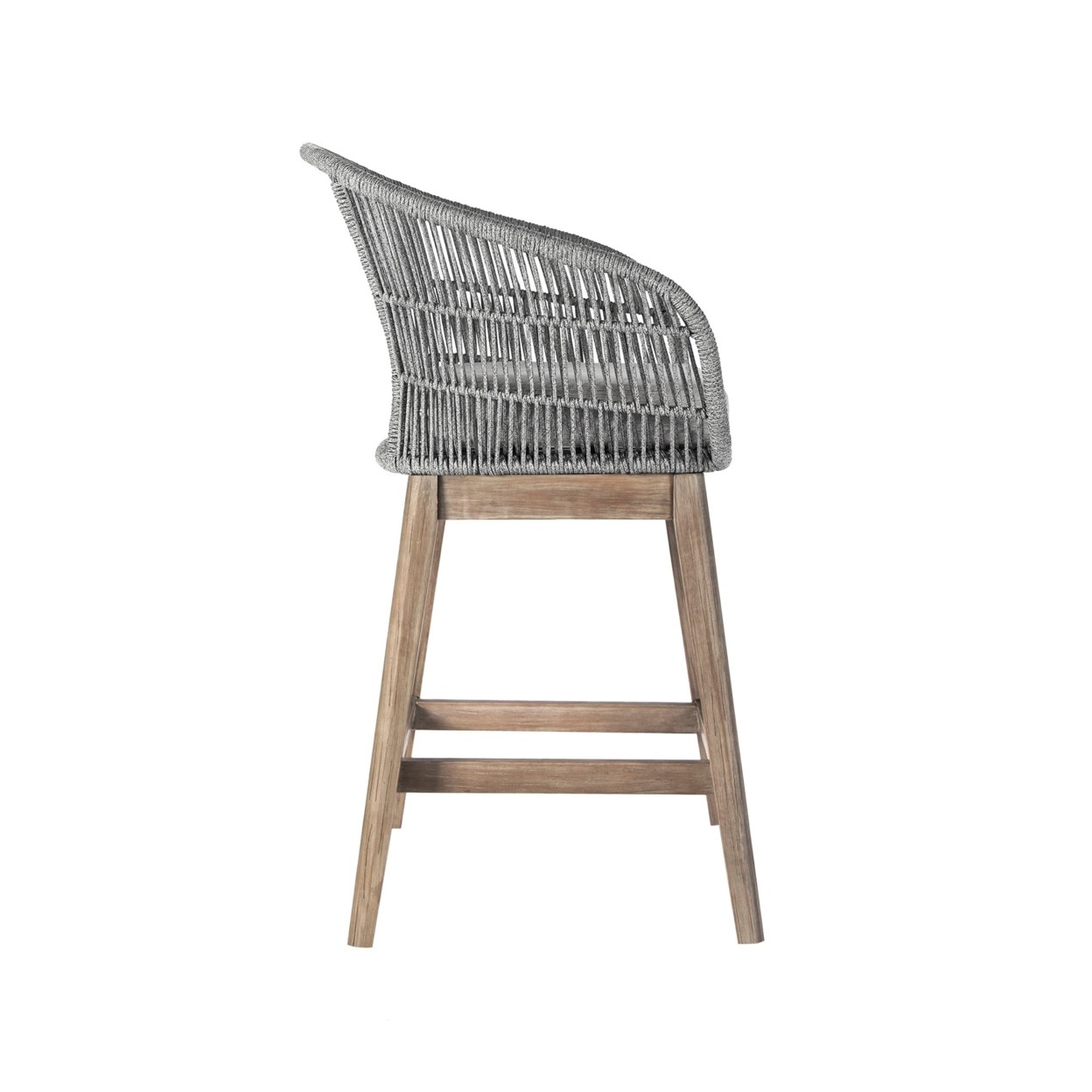 Mila 26 Inch Outdoor Teak Wood Counter Stool Chair, Rope Woven, Gray, Brown- Saltoro Sherpi