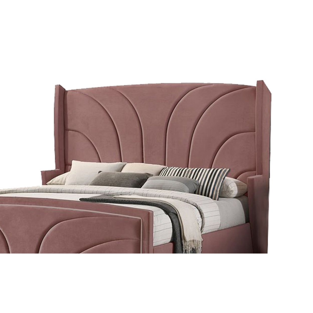 Kerith Modern Wood Queen Size Bed, Wingback Frame, Pink Velvet, Chrome Legs- Saltoro Sherpi