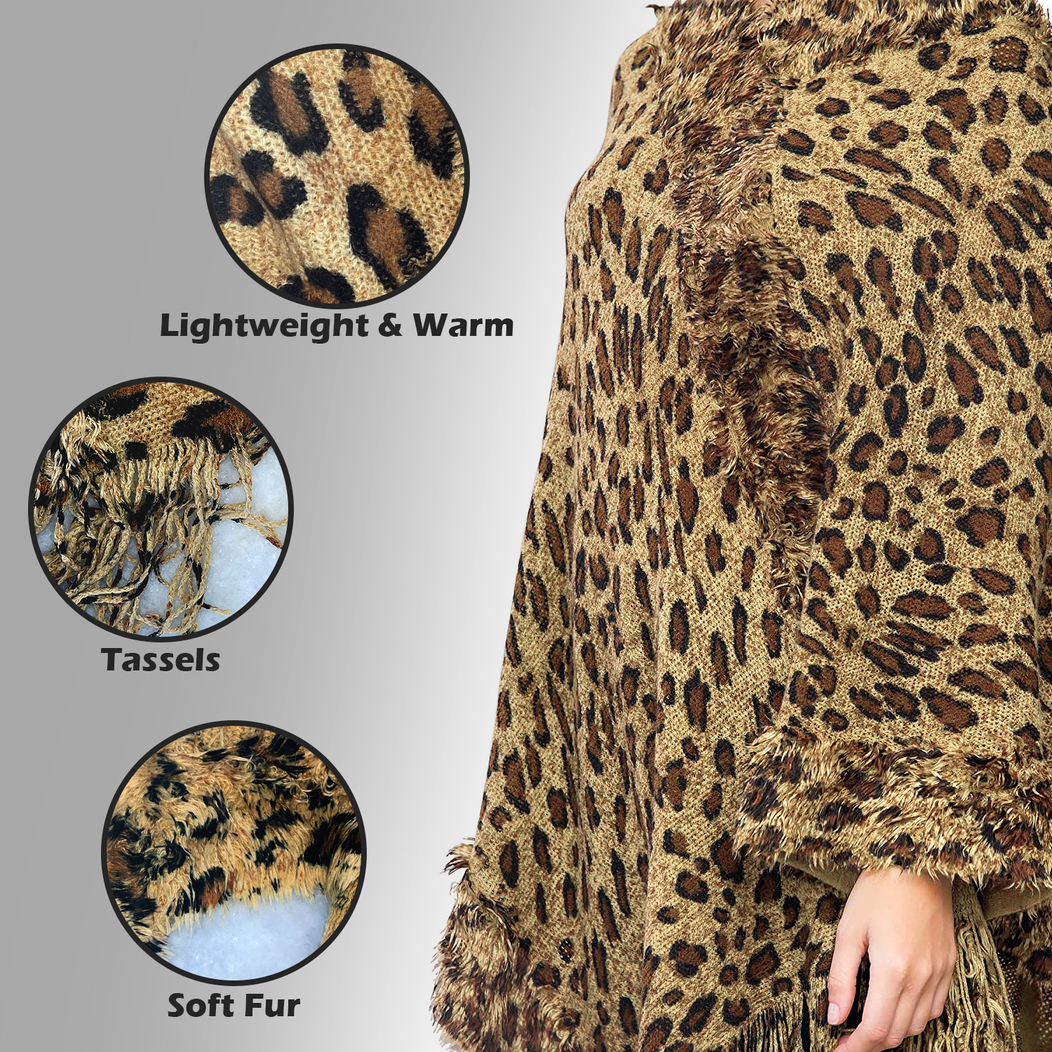 Women's Oversized Sweater Poncho Shawl Wrap With Fringe - Animal