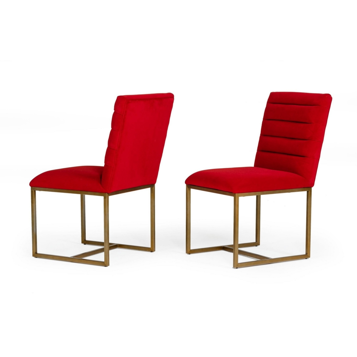 Cid 25 Inch Modern Fabric Dining Chair, Channel Tufted, Set Of 2, Red, Gold- Saltoro Sherpi