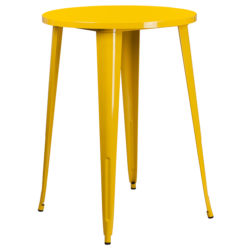 Commercial Grade 30 Round Yellow Metal Indoor-Outdoor Bar Table Set With 2 Vertical Slat Back Stools