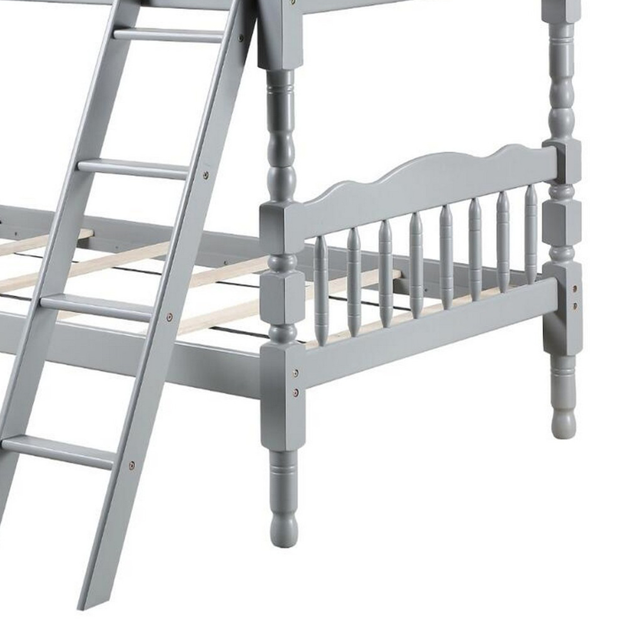 Alice Classic Twin Bunk Bed With Ladder, Guard Rail, Carved Legs, Gray- Saltoro Sherpi