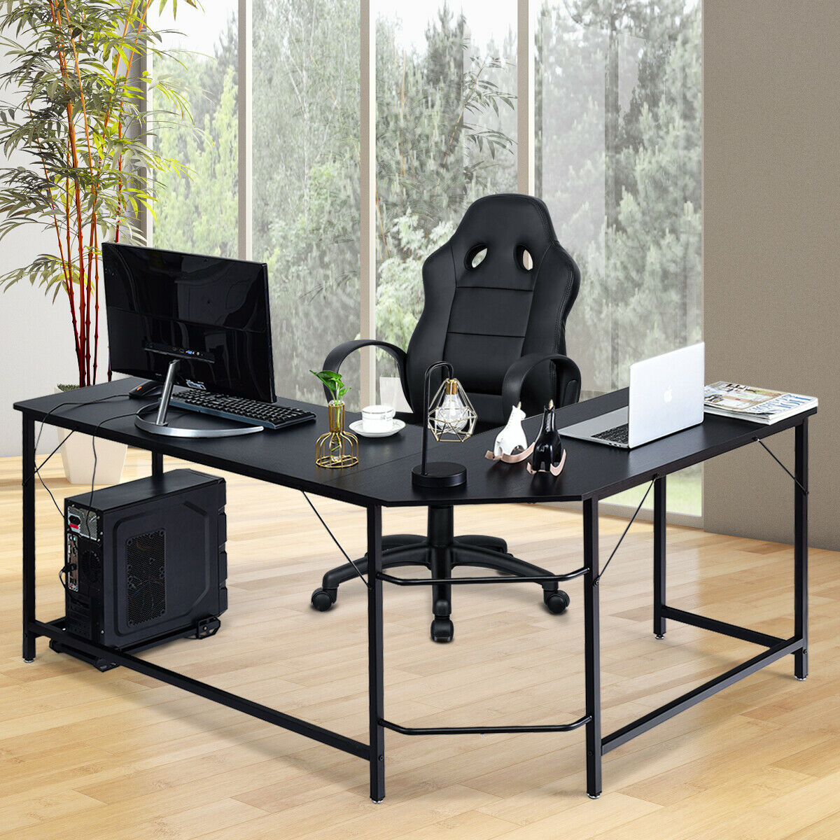 L Shaped Desk Corner Computer Desk PC Laptop Gaming Table Workstation Black/Natural/Brown - Black