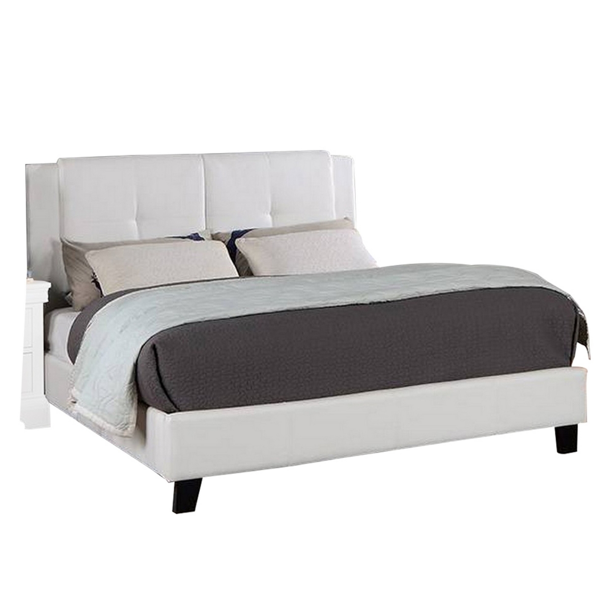 Amy Queen Size Platform Bed, Vegan Faux Leather Upholstery, White- Saltoro Sherpi