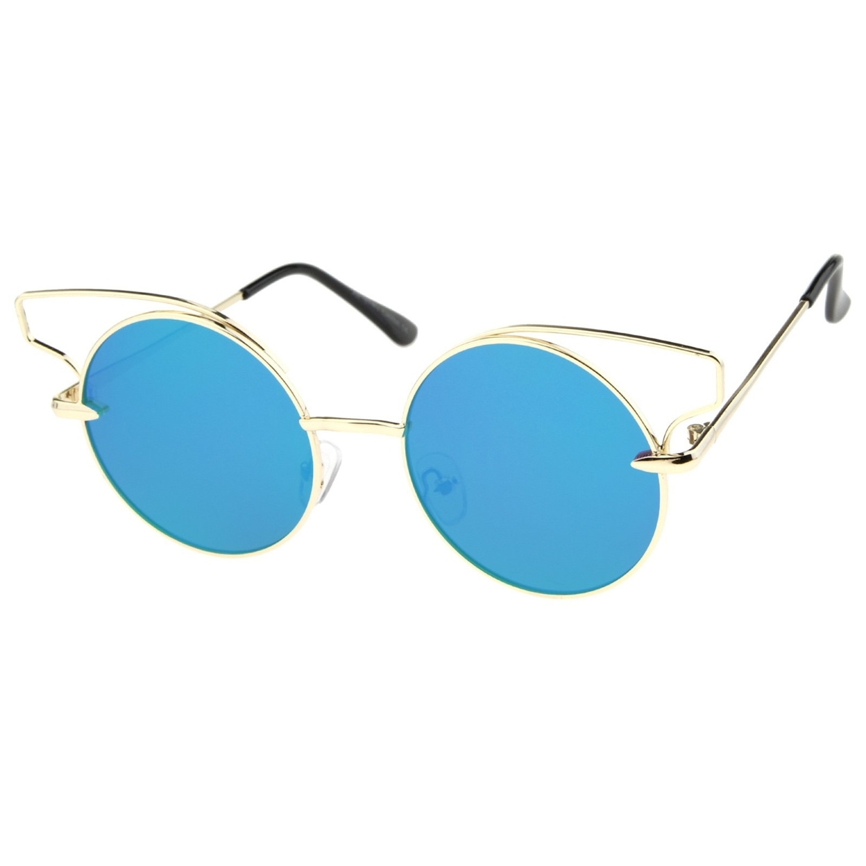 Women's Wire Open Metal Frame Color Mirror Flat Lens Round Cat Eye Sunglasses 52mm - Gold / Blue Mirror