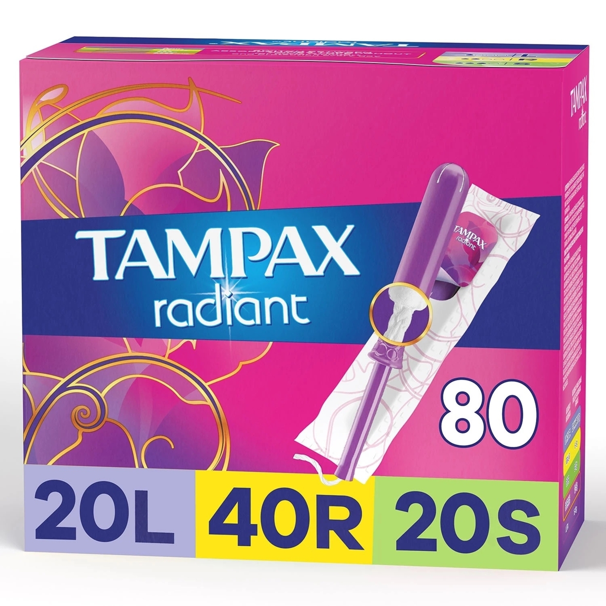 Tampax Radiant Tampons Trio Pack, Light/Regular/Super, Unscented (80 Count)