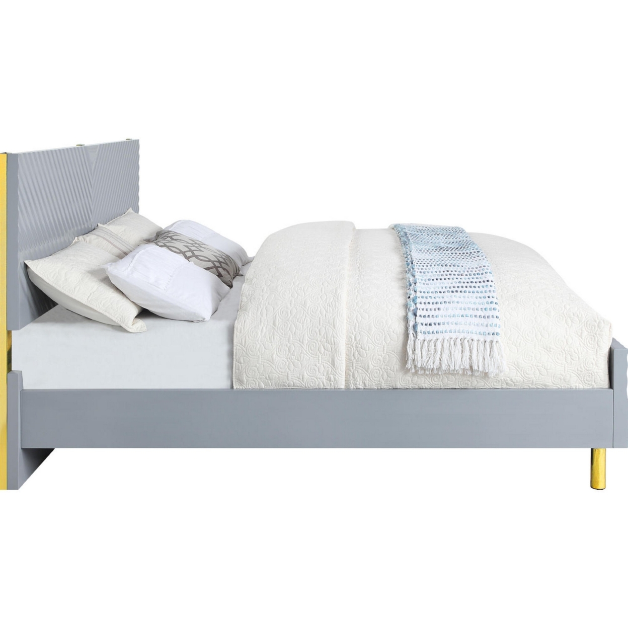 Tyra Modern Queen Bed, Panel Headboard, Textured Chevron, Slate Gray, Gold- Saltoro Sherpi