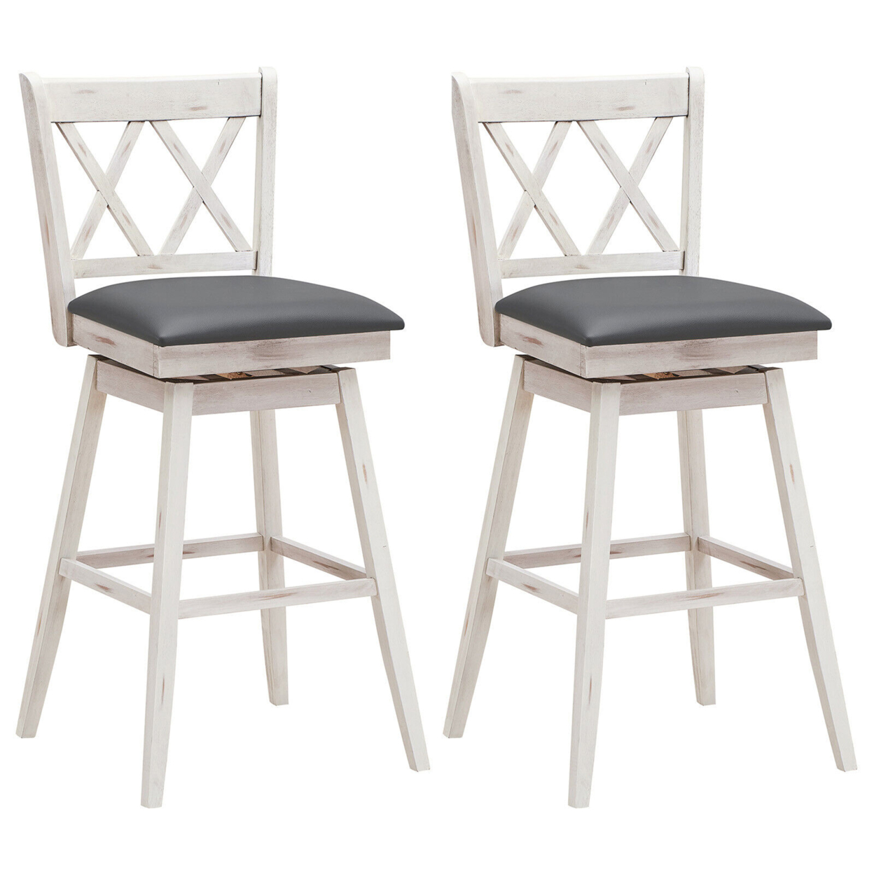 Set Of 2 Barstools Swivel Bar Height Chairs With Rubber Wood Legs - Antique White