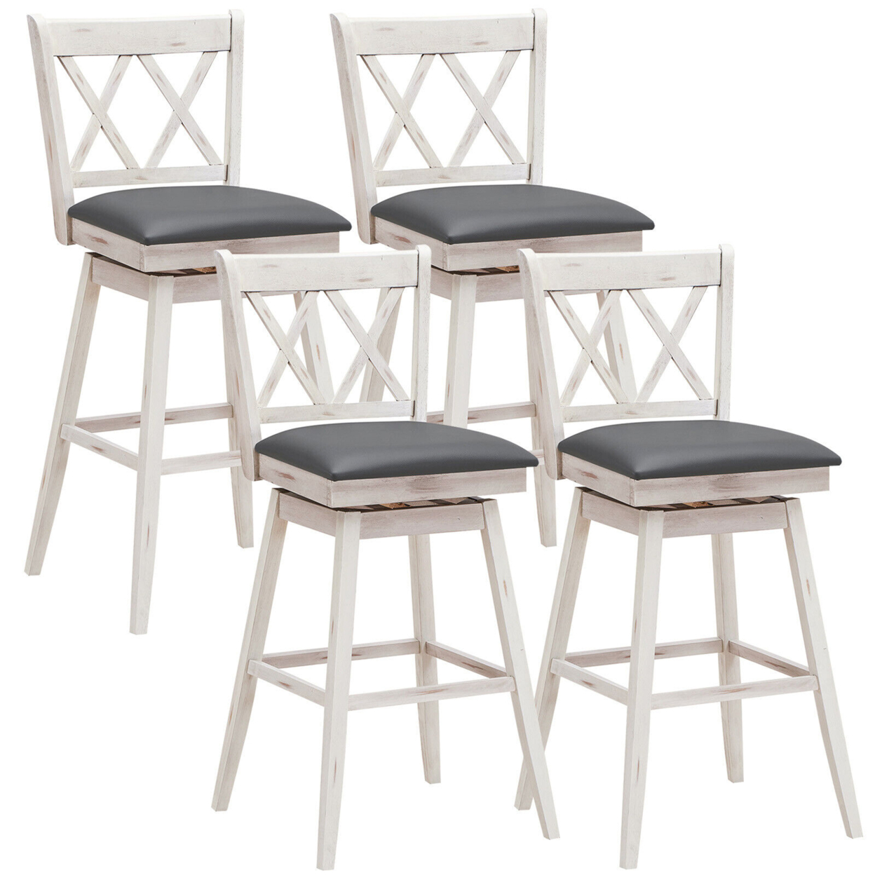 Set Of 4 Barstools Swivel Bar Height Chairs With Rubber Wood Legs - Antique White