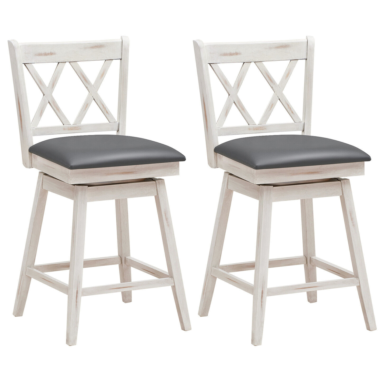 Set Of 2 Barstools Swivel Counter Height Chairs W/Rubber Wood Legs - Antique White