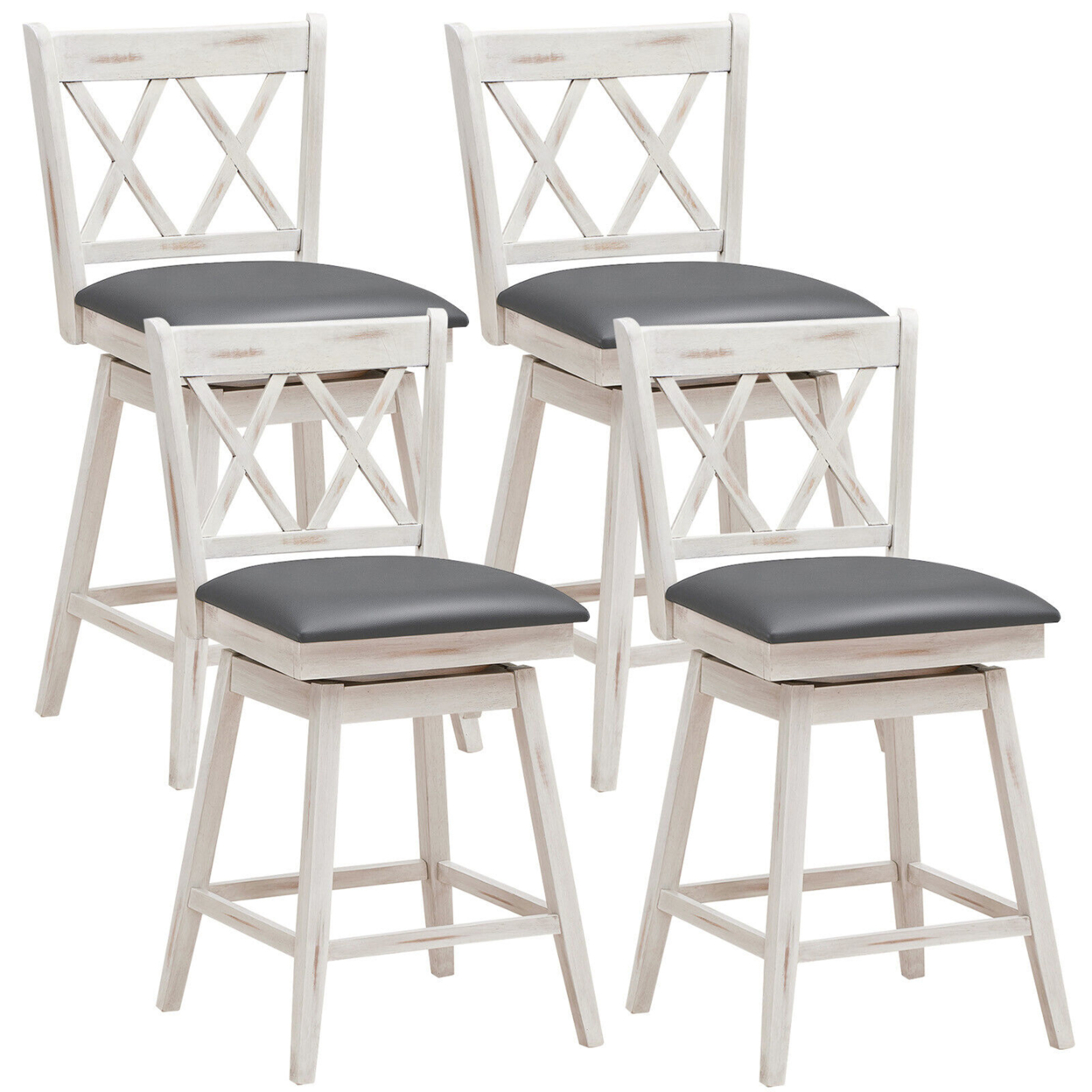 Set Of 4 Barstools Swivel Counter Height Chairs W/Rubber Wood Legs - Antique White