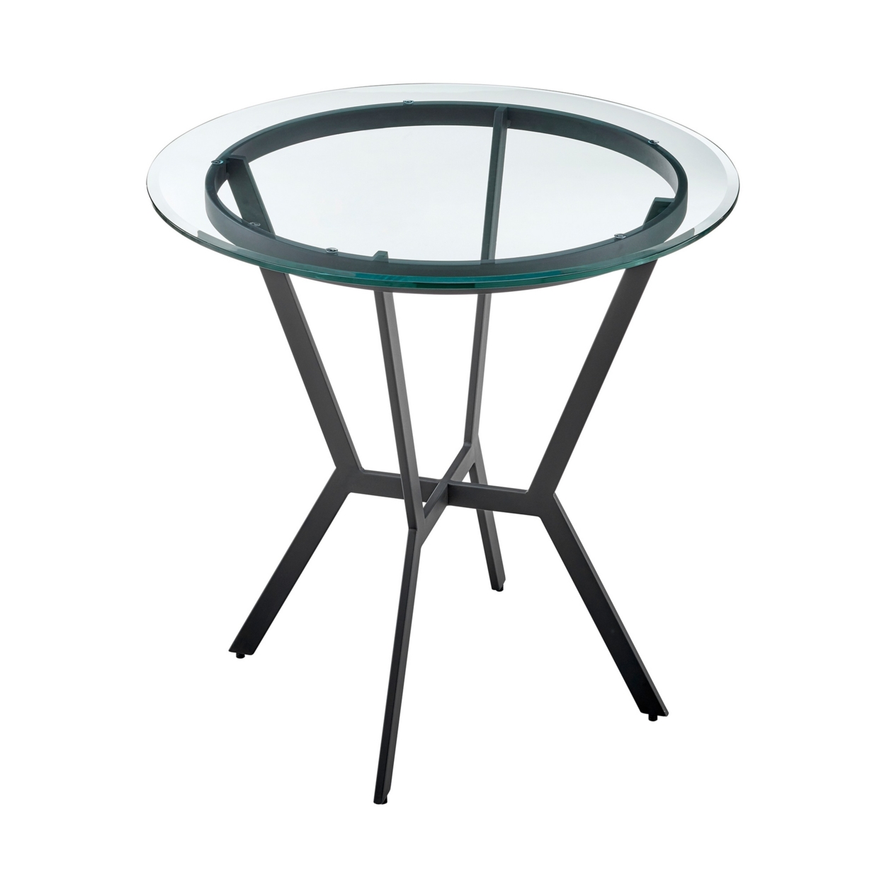 36 Inch Modern Bar Table, Round Glass Top, Crossed Angled Metal Base, Gray- Saltoro Sherpi