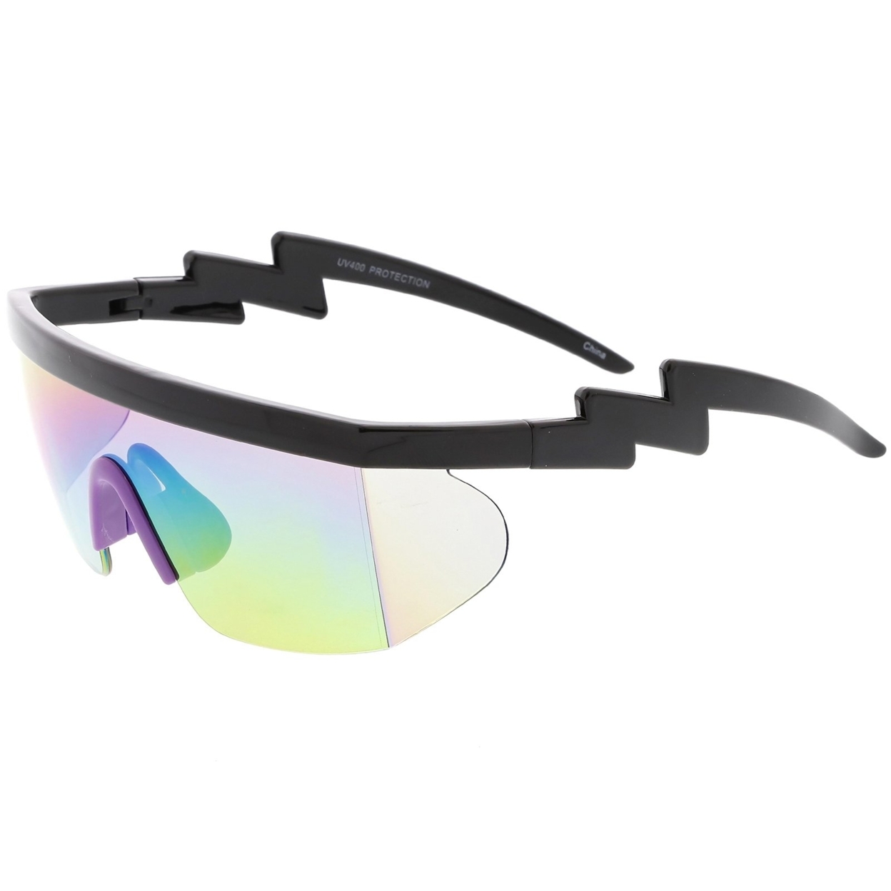 Oversize Semi Rimless Goggle Shield Sunglasses Mirrored Lens 60mm - Black Green / Rainbow