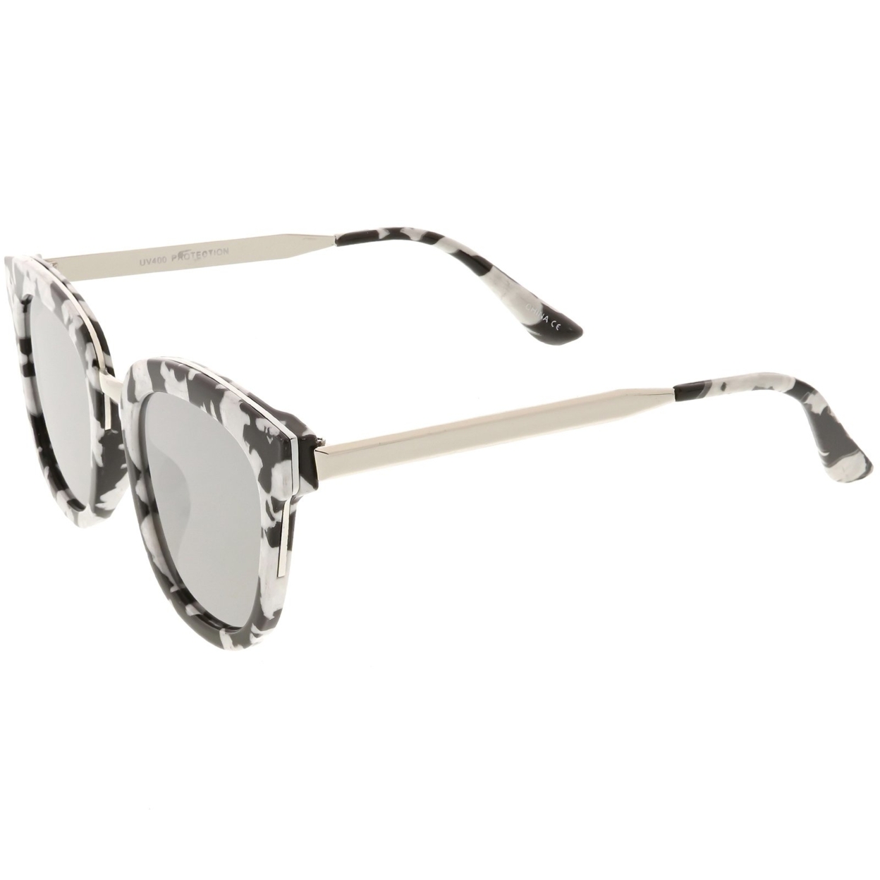 Marble Printed Horn Rimmed Sunglasses Metal Nose Bridge Colored Mirror Square Flat Lens 49mm - Black White Black / Blue Mirror