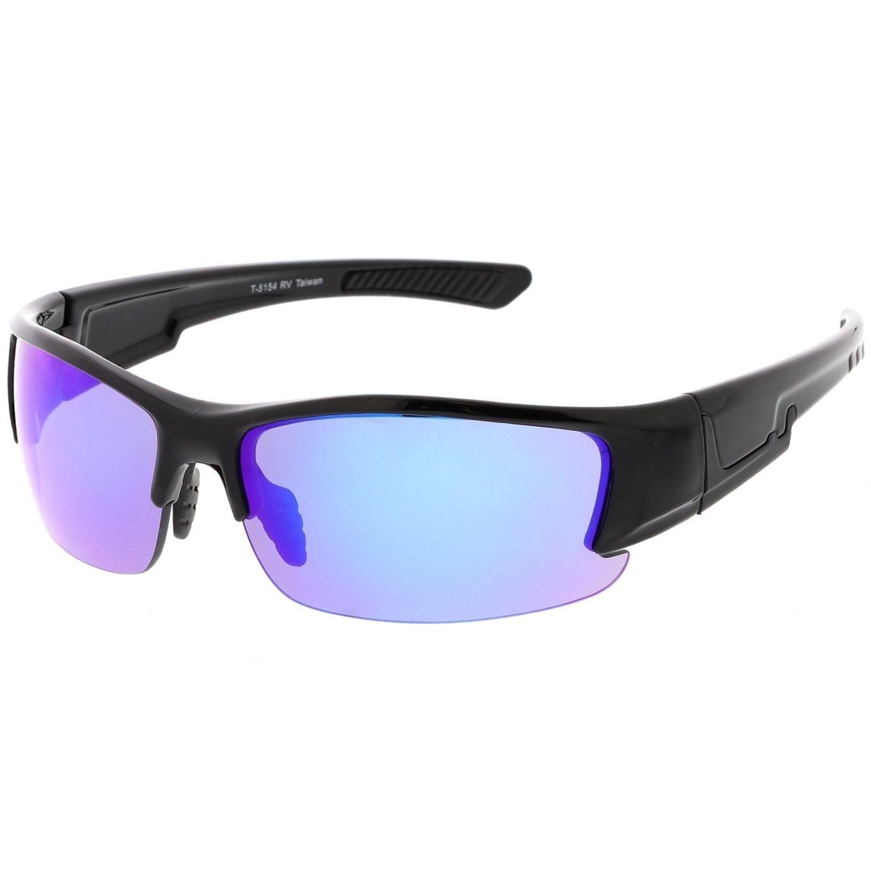 Sports Semi-Rimless TR-90 Wrap Sunglasses Rectangle Colored Mirror Lens 63mm - Shiny Black / Blue Purple Mirror
