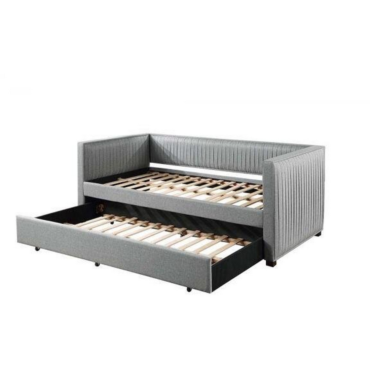 Classic Wood Daybed With Trundle, Upholstered, Pleated Design, Gray Fabric- Saltoro Sherpi