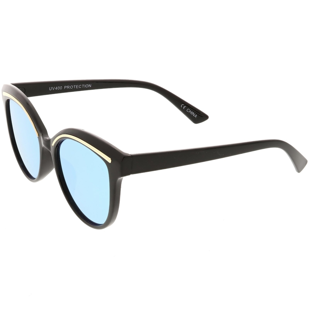 Modern Cat Eye Sunglasses Metal Brow Detail Round Colored Mirror Flat Lens 53mm - Matte Black Gold / Red Mirror