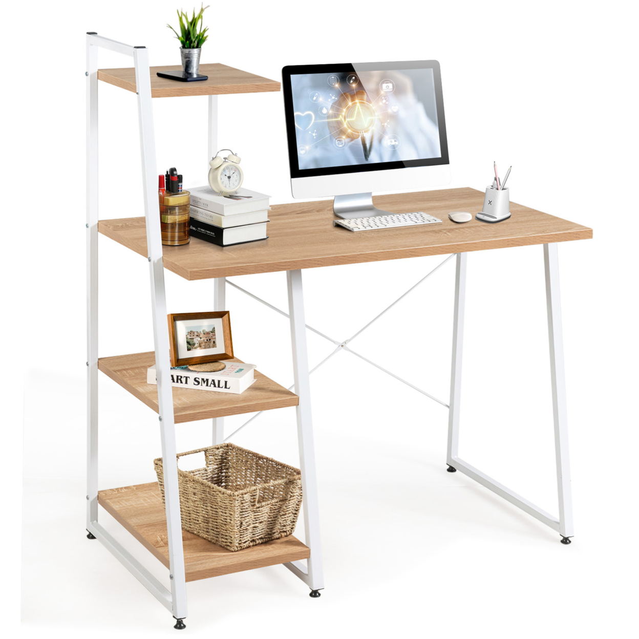 Computer Study Desk Writing Table Workstation W/ 4-Tier Storage Shelves - Natural