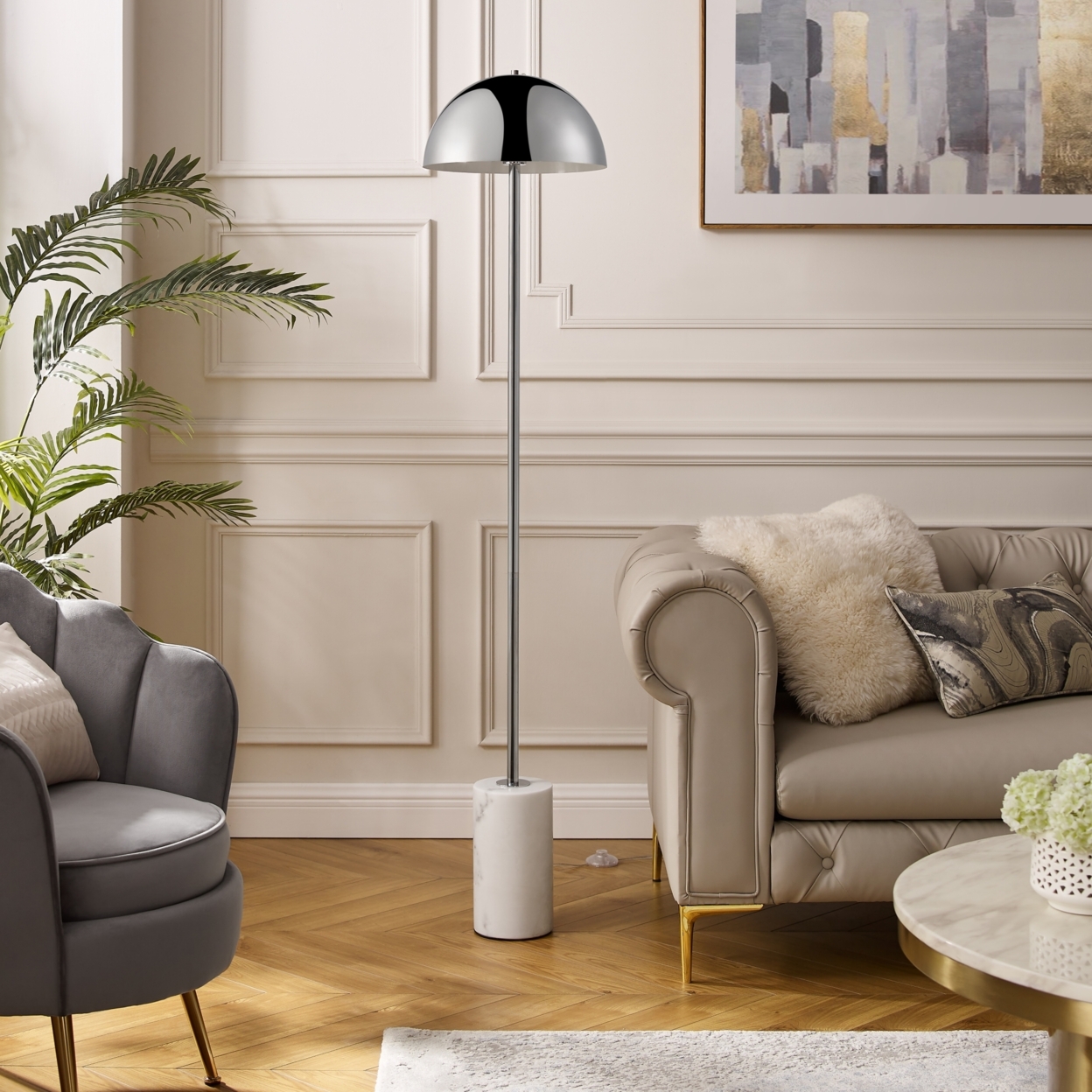 Marlen Floor Lamp - 6ft Power Cord, Marble Stone Base , Sturdy Metal Frame , Foot Switch - Chrome