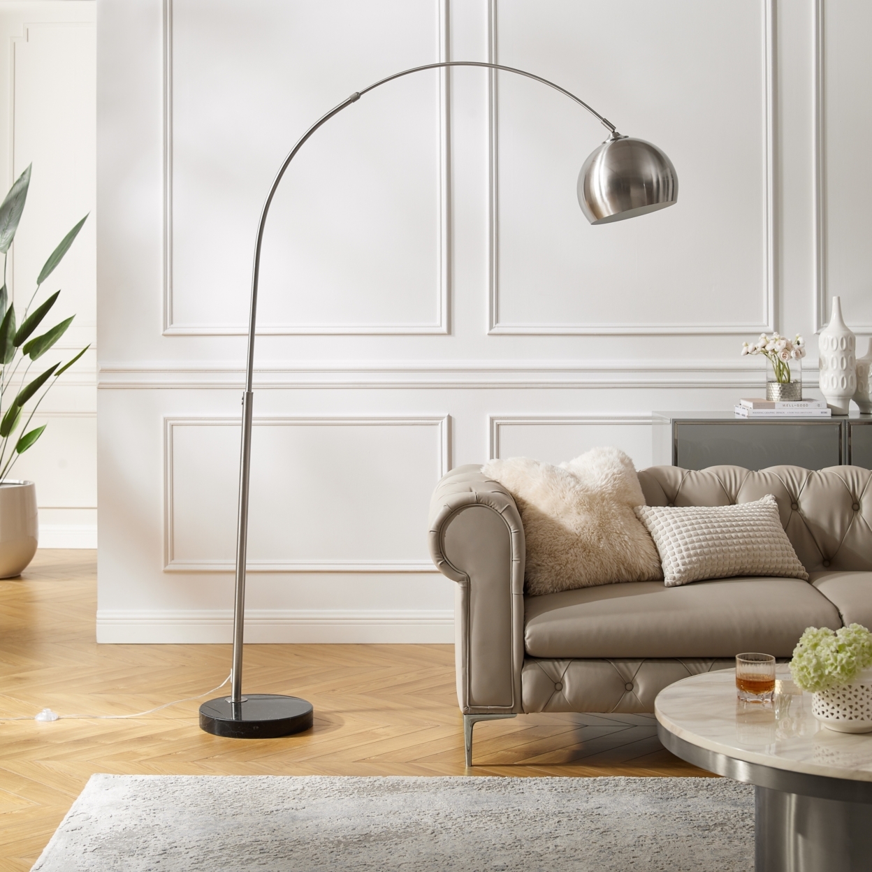 Maycie Floor Lamp - 6ft Power Cord, Marble Stone Base , Arched Sturdy Metal Frame With Adjustable Joints , Foot Switch - Stainless Steel