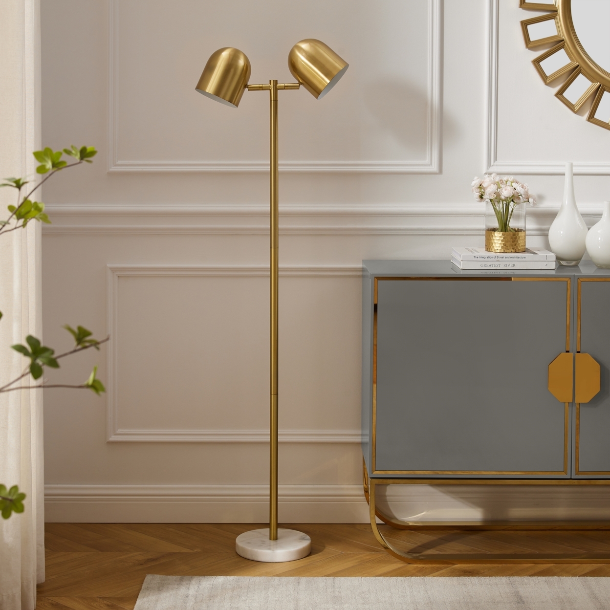 Paetyn Floor Lamp - 6ft Power Cord, Foot Switch, 2 Lights , Sturdy Metal Frame , Heavy Marble Stone Base - Brass