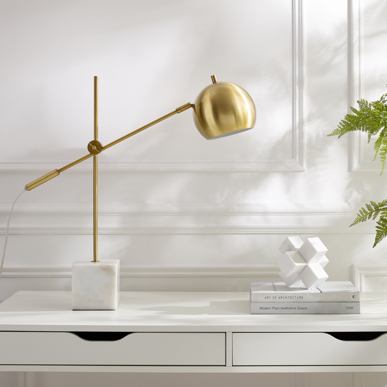 Federico Table Lamp - 5ft Power Cord, Marble Stone Base , Sturdy Metal Frame, Adjustable Height , Rotary Switch - Brass